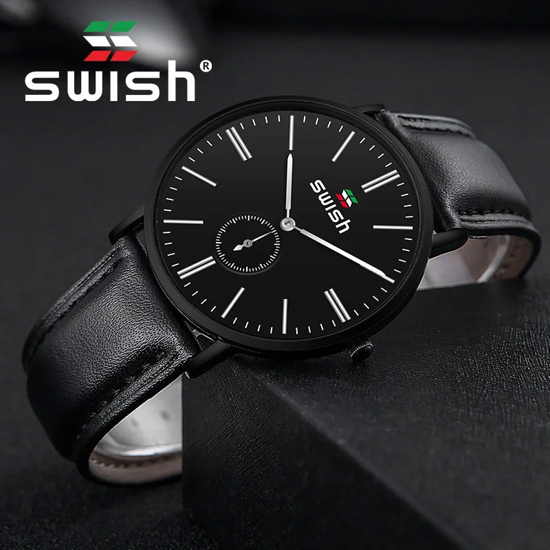 Простые мужские часы SWISH водонепроницаемые кварцевые спортивные модные черные