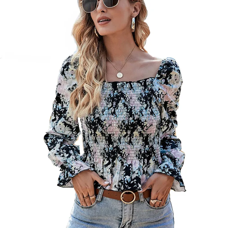 

Floral Tight Shirt Elegant Woman Wild Round Neck Long Sleeve Top Sexy Streetwear Women's Clothing Corset Top Blouse 2021 New