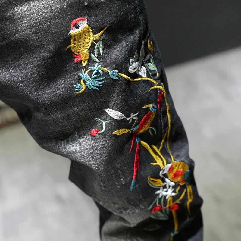 Джинсы мужские с вышивкой птицы облегающие Джоггеры в стиле хип-хоп модные штаны