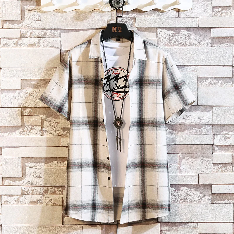 

Brand Summer Men's Plaid BLACK WHITE Shirt Fashion Short Sleeve Casual Shirts Plus Asian SIZE M-4XL 5XL