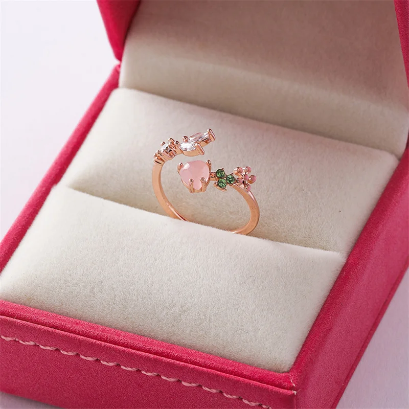 

Crystal Zircon Fresh Flower Simple Heart Finger Rings Temperament Personality Fashion Gift Korea Female Resizable Opening Rings
