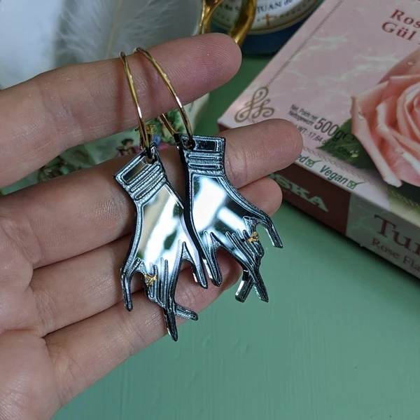 

Mirrored HAND OF FORTUNE - Hoop Earrings Gypsy Witchy Jewelry,Hand Reading of The Palm