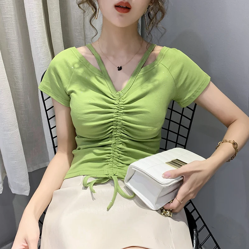 Женская драпированная футболка с v образным вырезом летний топ на шнуровке