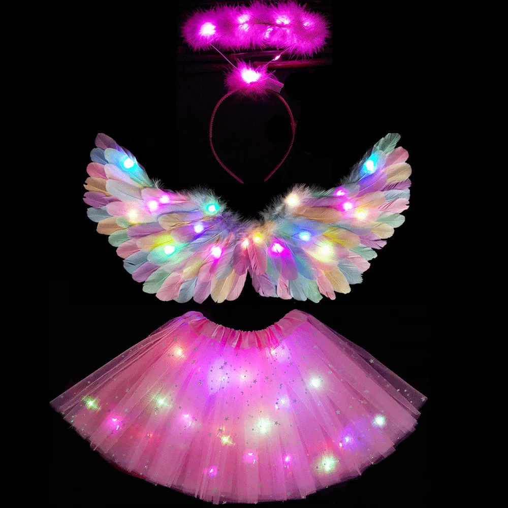 

Children Girl Angel Cosplay Light Tutu Skirt Hairband Glow Feather Wing Head Wear Birthday Wedding Party Costume Ball Mini skirt