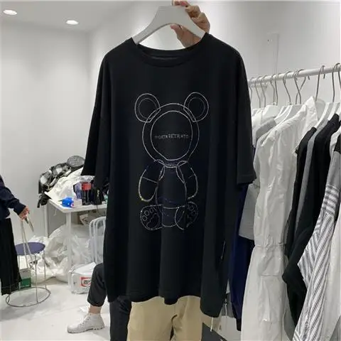 

Cotton Short-sleeved T-shirt Women Spring/summer 2021 Korean Fashion Bear Pattern Loose and Versatile Women Creative Top
