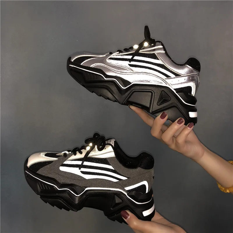 Брендовые Блестящие Кроссовки Женские Серебристые массивные кроссовки женские