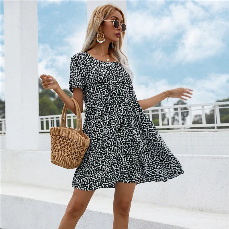 

Modern Loose Waist Summer Dresses Casual Short Sleeve Ladies Frocks Mini Vestido Sexy Pullover Floral Dresses for Women 2021