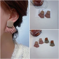 2021 new s925 hypoallergenic autumn and winter checkerboard earrings french retro womens fashion leather earrings trend