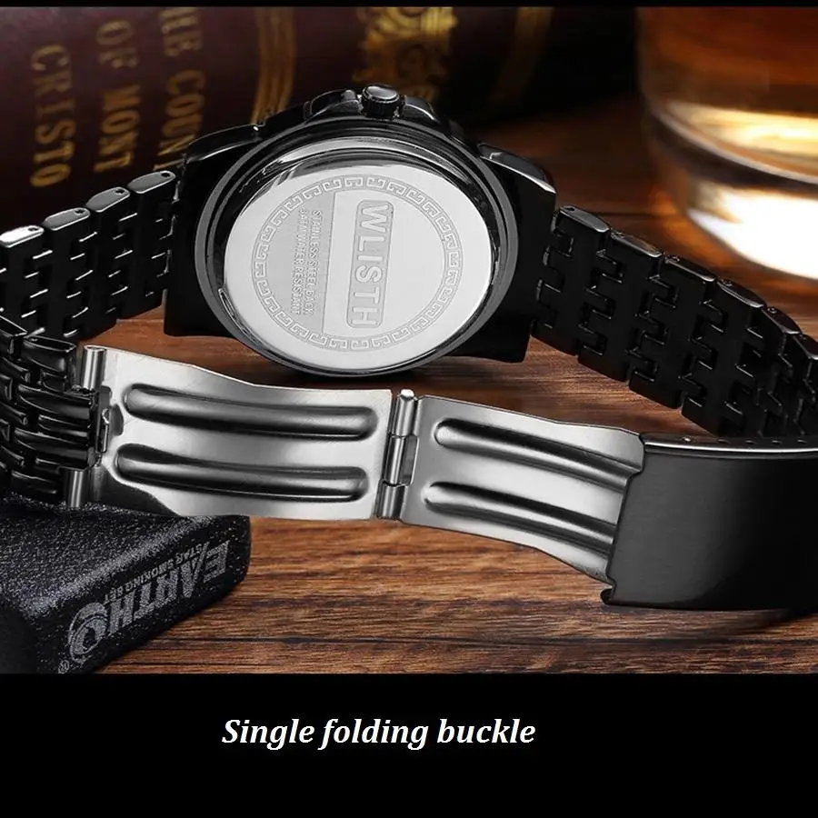 

WLISTH Big Number Watch Men Luxury Full Black Quartz Analog Waterproof Men's Watches Business Mens Stainless Steel Wrist Watch