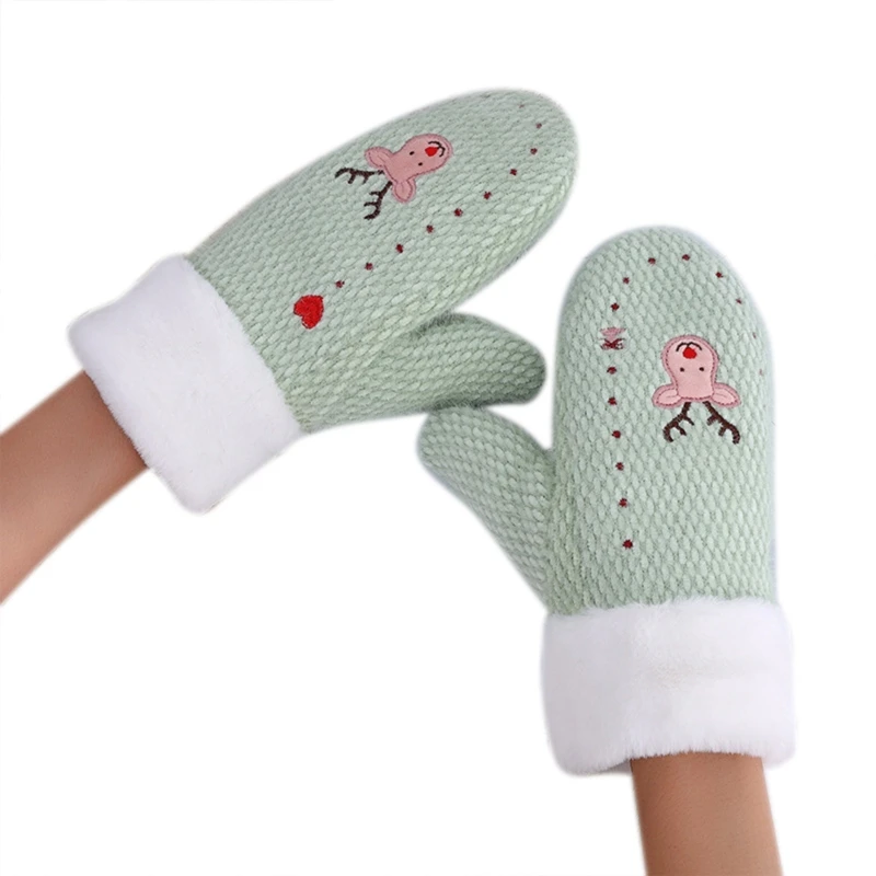 

Women Winter Warm Christmas Knitted Full Finger Gloves Cute Cartoon Elk Embroidery Thicken Plush Lined Thermal Mittens