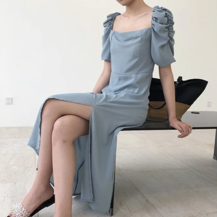 

Summer Women Vintage Elegant Long Dresses Sweet Sexy Backless Split Black Blue Dresses 205E