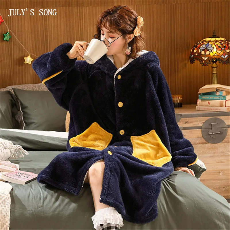 

JULY'S SONG Winter Sleepwear Warm Thicken Flannel Long Sleeve Nightgown Woman Cute Cartoon Panda Sleepwear Winter Robe Homewear