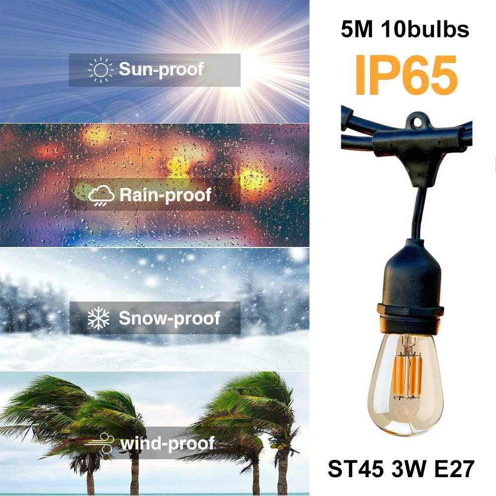 IP65 18FT 10bulbs G40 светодиодный светильник s 26Ft 25 шт. винтажный светодиодный светильник 1 Вт 2700 к IP45 водонепроницаемый внутренний наружный светильник для двора патио светильник s - Испускаемый цвет: IP65 18FT 10bulbs