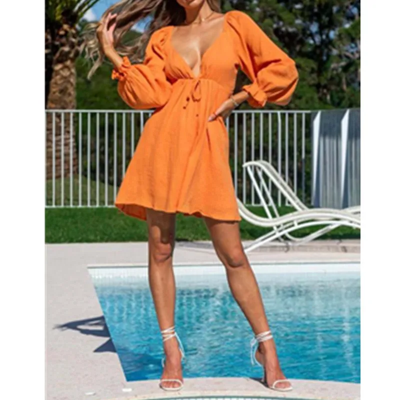 

Летнее женское платье с V-образным вырезом и рюшами, сексуальные модные женские платья с длинным рукавом-фонариком, женские юбки в Корейском...