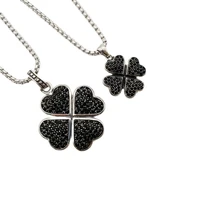 silver color lucky 4 leaf clover necklace stainless steel black stones 4 leaves clover pendant necklace for women blkn0692