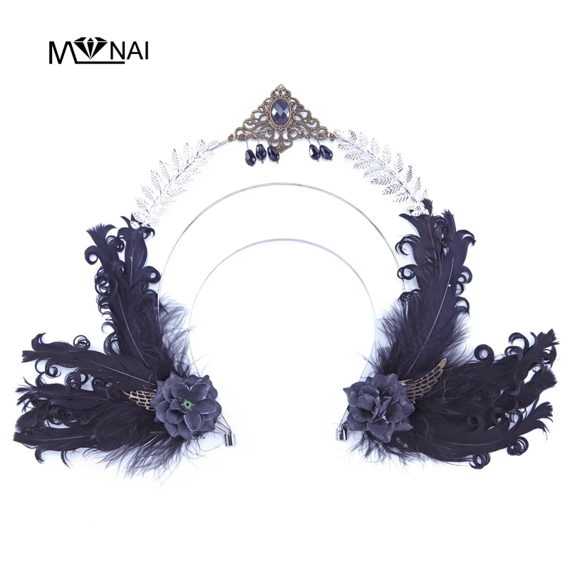 

Gothic Feathers Beads Headband Retro Halo Crown Lolita Fancy Dress for Halloween Party Hair Accessory