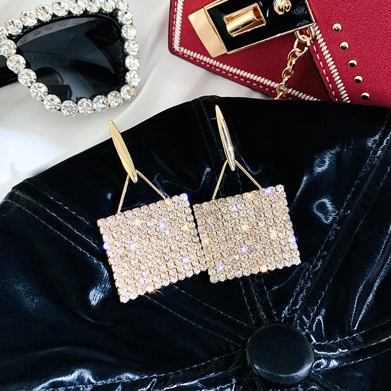 Женские Геометрические висячие серьги Exknl сверкающие золотистые квадратные