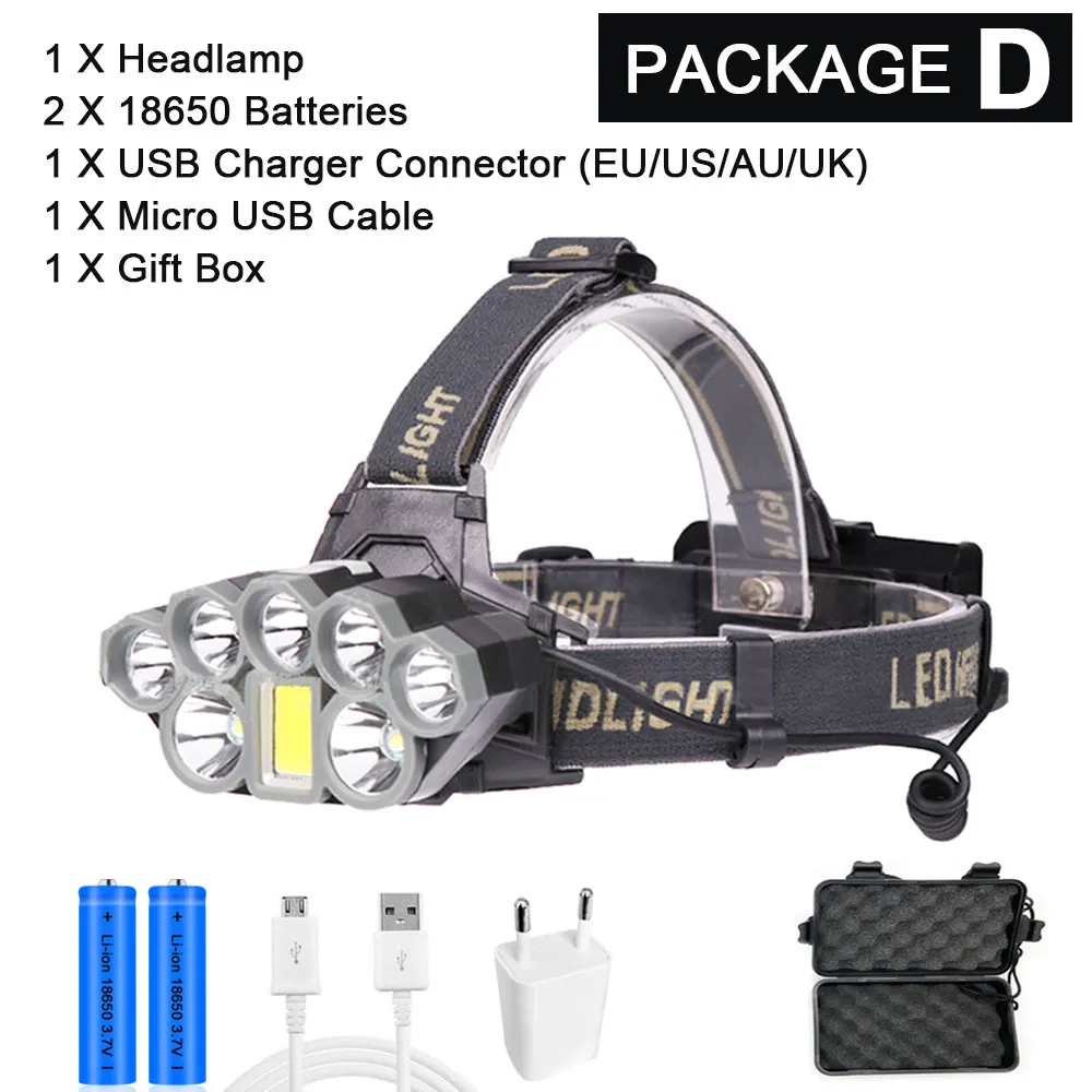 Package D Супер яркий 8 светодиодный налобный фонарь 2* T6+ 5* Q5+ COB светодиодный Перезаряжаемые светодиодный налобный фонарь 18650 Батарея Мощный USB Зарядное устройство фар - Испускаемый цвет: Package D