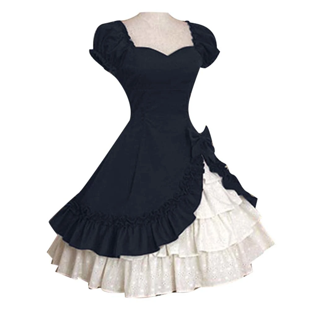 Lolita Women Medieval Ruffle Tiered Bow Dress Short Sleeve Party Ball Gown | Женская одежда