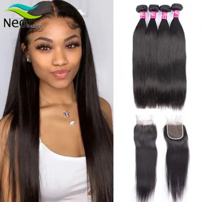 

Straight Human Hair Bundles With Closure Brazilian Hair Weave Bundles With Closure Pre Plucked 4x4 Remy Hair Extension