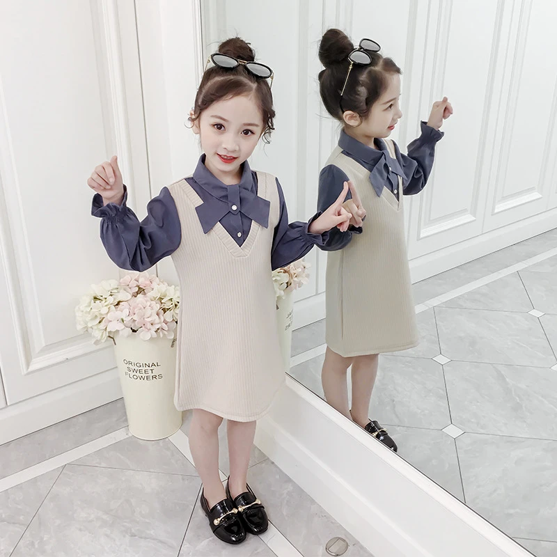 

Girls' Spring and Autumn Long Sleeve Dress Bow Fake Two Piece Colorblock Skirt Dress