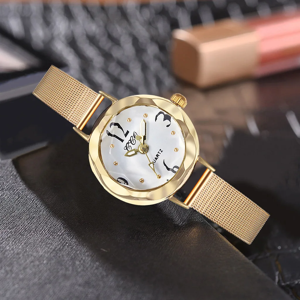 

Fashion Women Wrist Watch Korean Version Gold Alloy Strap Small Dial 3D Glass Diamond Numbers Ladies Quartz Watch For Women Gift