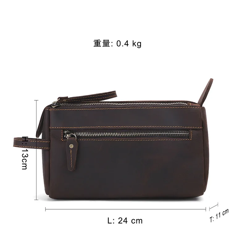 

Leather Men Clutch Large Capacity Zipper Bag Simple Storage Bag Luxury Crazy Horse Cowhide Handbag Wash Bag Phone Money Pocket
