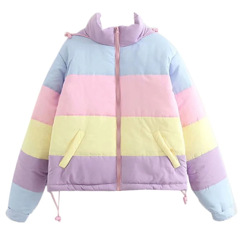 

Women Winter Padded Puffer Warm Jacket Rainbow Stripes Hooded Coat Drawstring Loose Full Zip Outerwear with Pockets