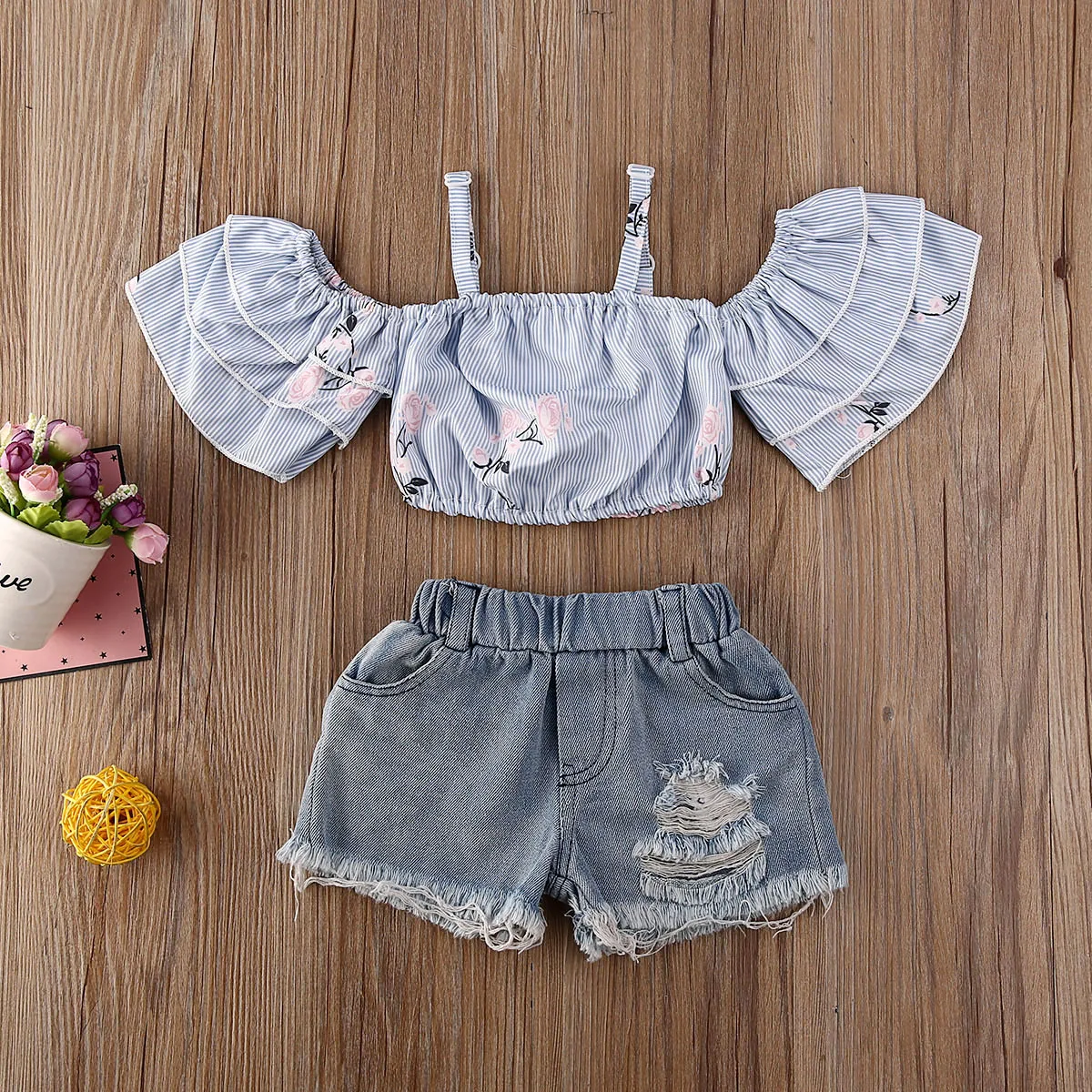 

Emmababy Toddler Baby Girl Clothes Summer Striped Flower Printing Ruffled Sleeve Short Slip Top Ripped Shorts 2Pcs Outfits Set