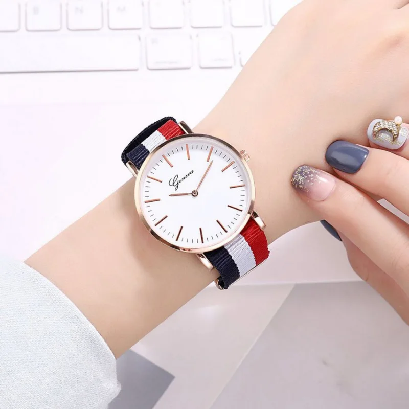 Кварцевые наручные часы простой стиль полосатые булавки пряжка холст ремешок