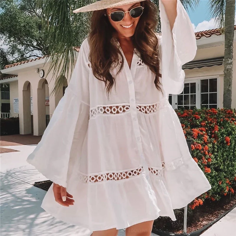 

Women Swimsuit Cover Ups Mandarin Sleeve Kaftan Beach Tunic Dress Robe De Plage Solid White Pareo Beach Cover-ups #Q429