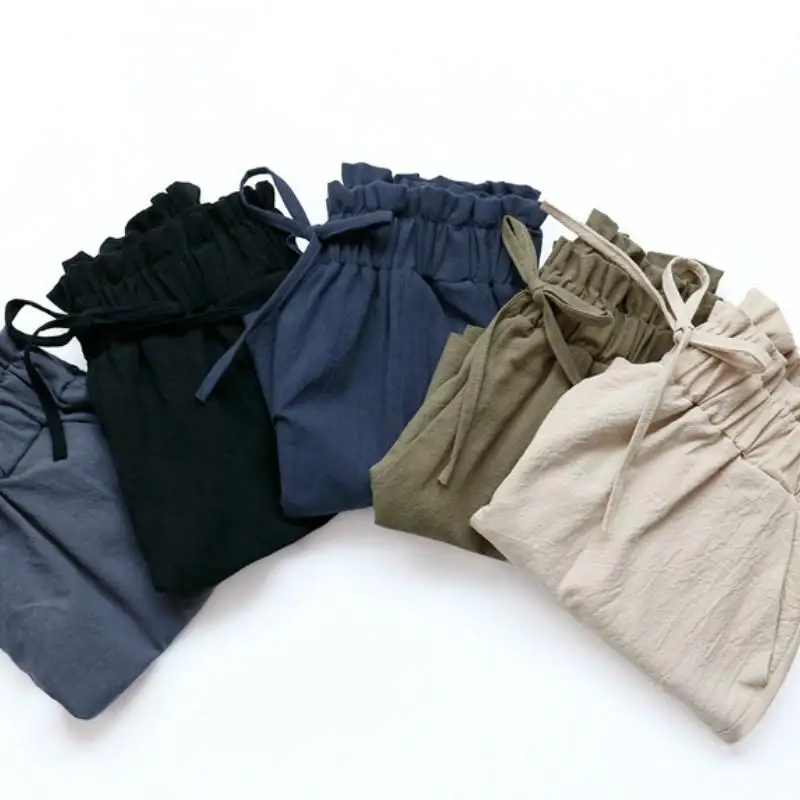 Шорты женские из хлопка и льна с завышенной талией свободные брюки широкими