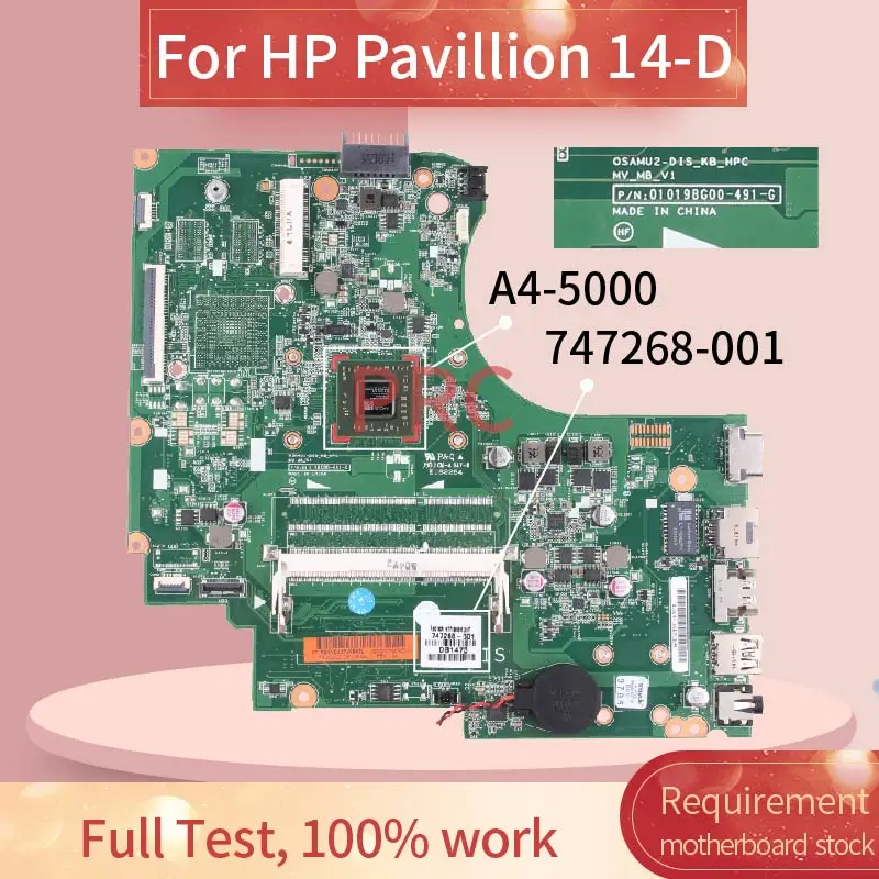747268-001 747268-501 For HP Pavillion 14-D 245 G2 A4-5000 Notebook Mainboard 01019BG00 AM5000 DDR3 Laptop Motherboard |