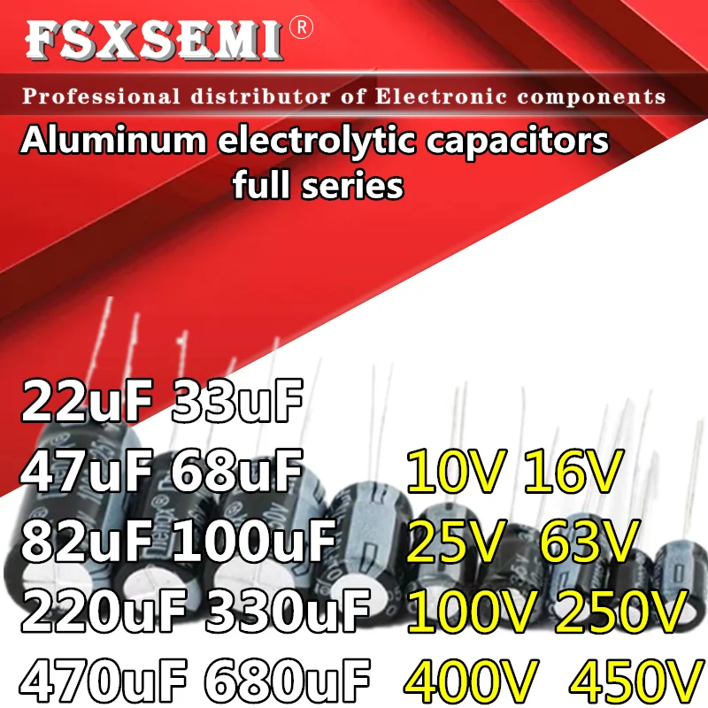 

10pcs 10V 16V 25V 50V 63V 100V 250V 400V 450V electrolytic capacitor 22uF 33uf 47uf 68uf 82Uf 100uf 220uf 330uf 470uf 680uf