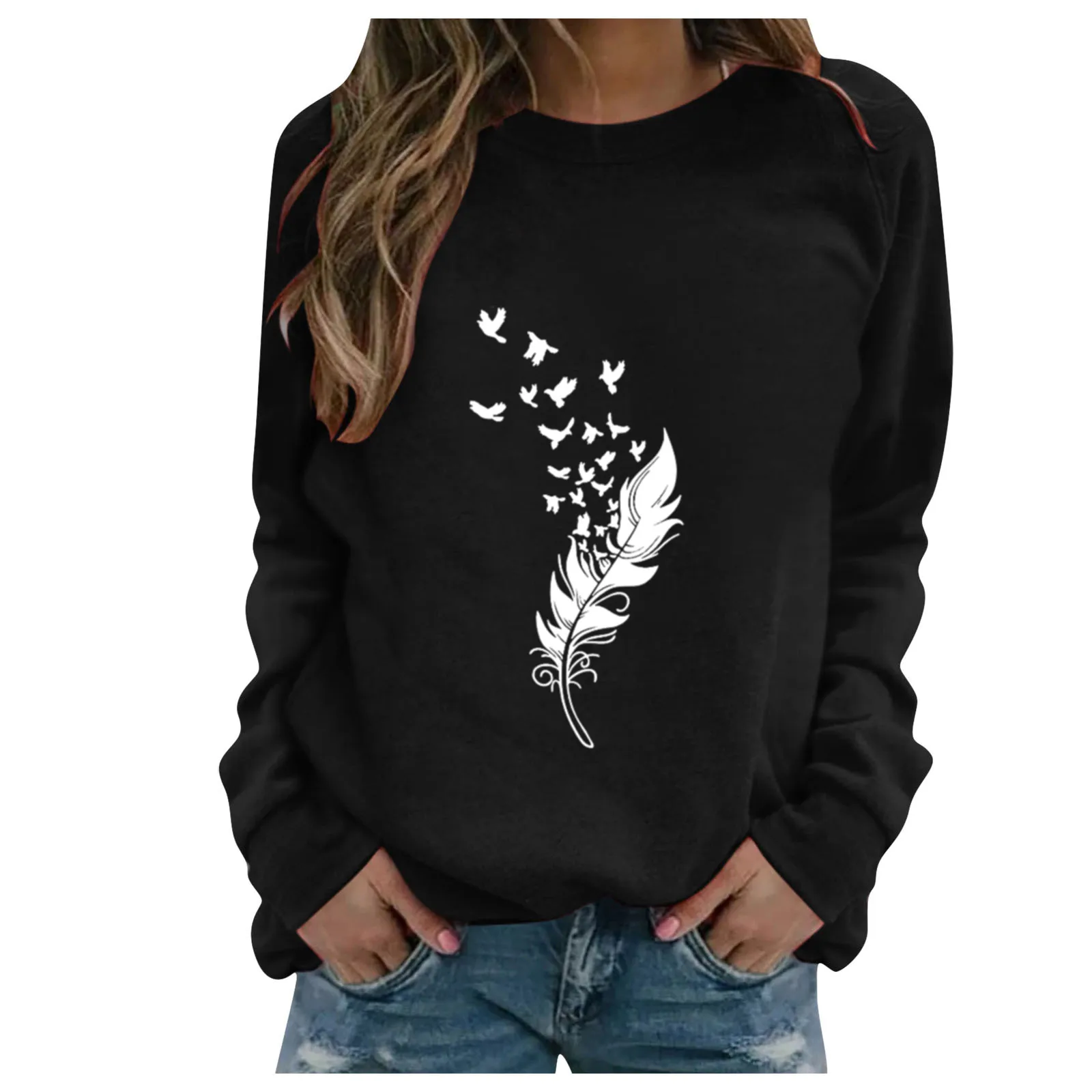 Harajuku Feather Print Hoodies Women Sweetshirts Casual Loose O Neck Long Sleeves Pullover Sweatshirt Spring Autumn Bluza Damska