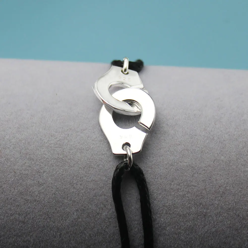 

France Popular 925 Sterling Silver Handcuff Bracelet For Women With Black Rope 925 Silver Bracelet Menottes Only 925 Stamp