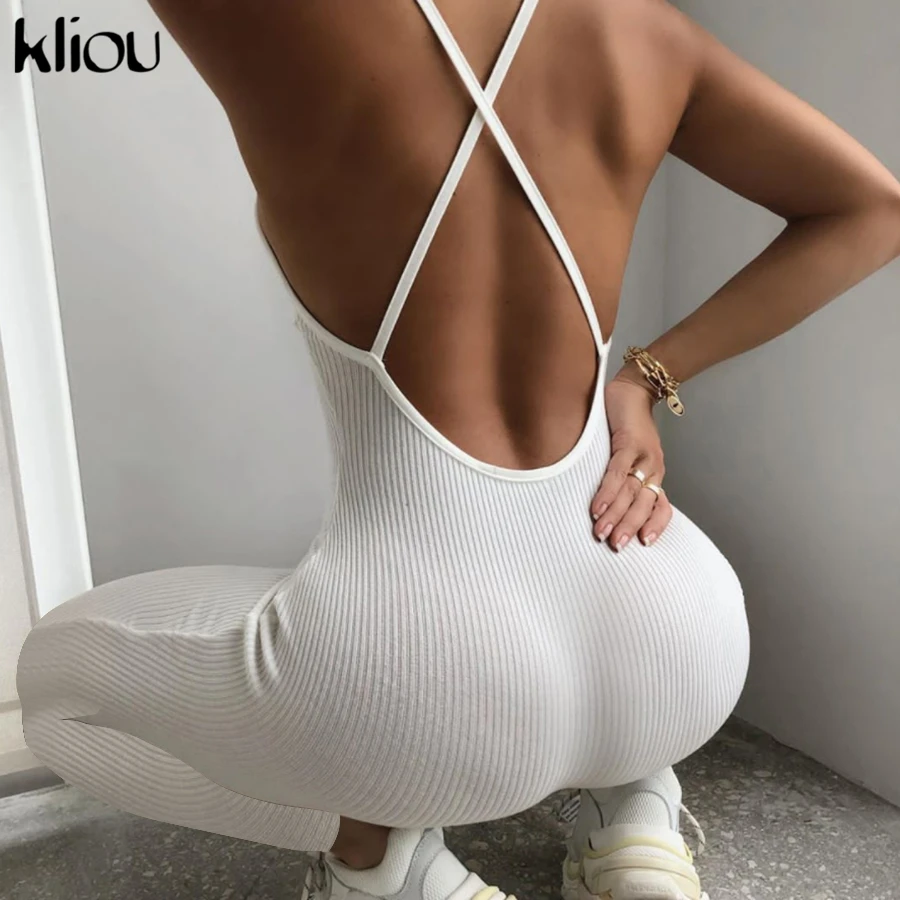 

Kliou V-neck Skinny Sexy Jumpsuit Women Summer 2020 Hollow Out Partywear Halter Sleeveless Streetwear Outfit Fitness Backless