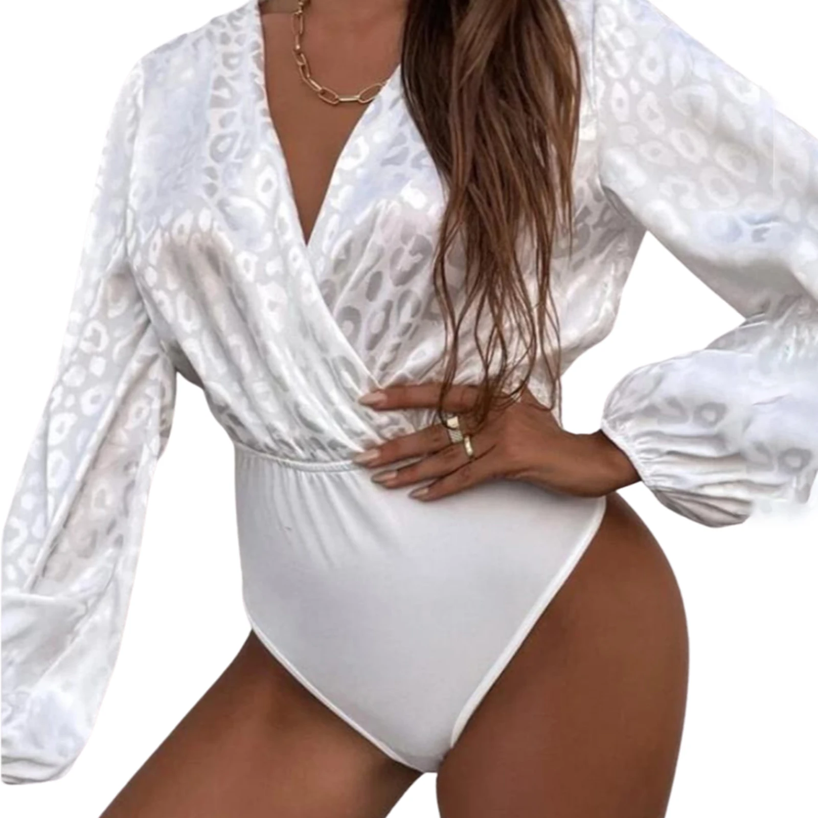 Женское боди с леопардовым принтом облегающий длинным рукавом-фонариком и