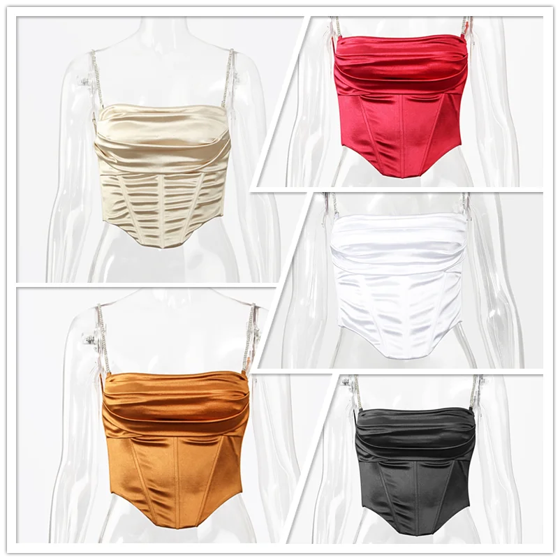 

Townlike Stretch Satin Diamond Chain Sling Slim Fit Corset Sexy Crop Top Women Short Corset Top Female 2020 Summer Mujer