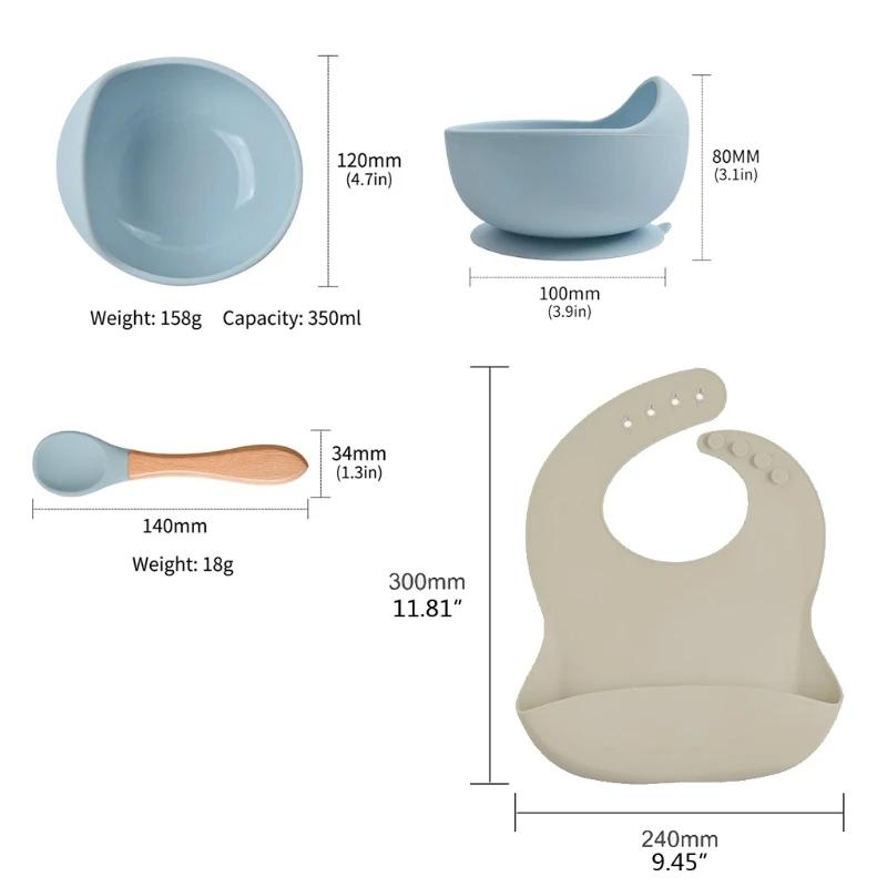 

3pcs Baby Feeding Set Food Grade Silicone Non-Silp Suction Tableware Kids BPA-Free Waterproof Bib Bowl Spoon Dishes