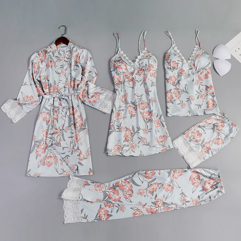 

Spring And Summer New Pajamas Ladies Thin Sexy Floral Print Simulation Silk Pajamas Five-piece Home Daily wear