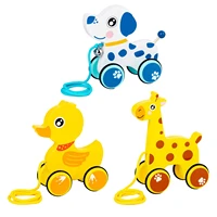 new kids wooden animal drag vehicles toy wooden cartoon toy playful cute smooth animal drag car baby walking hand pull car