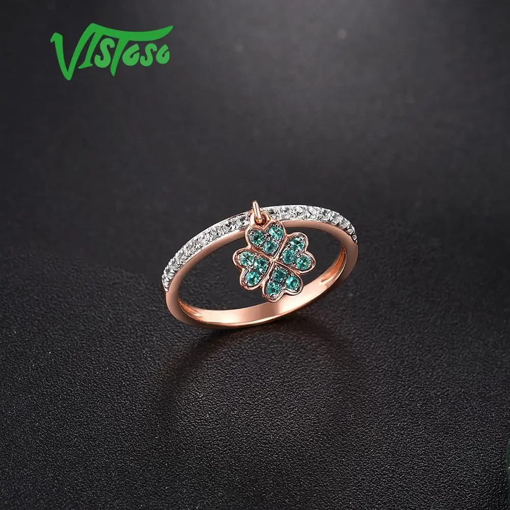VISTOSO подлинное 10 к розовое золото искусственный изумруд& WhiteSapphire кольцо с клевером для леди помолвка юбилей прекрасный шик ювелирные изделия
