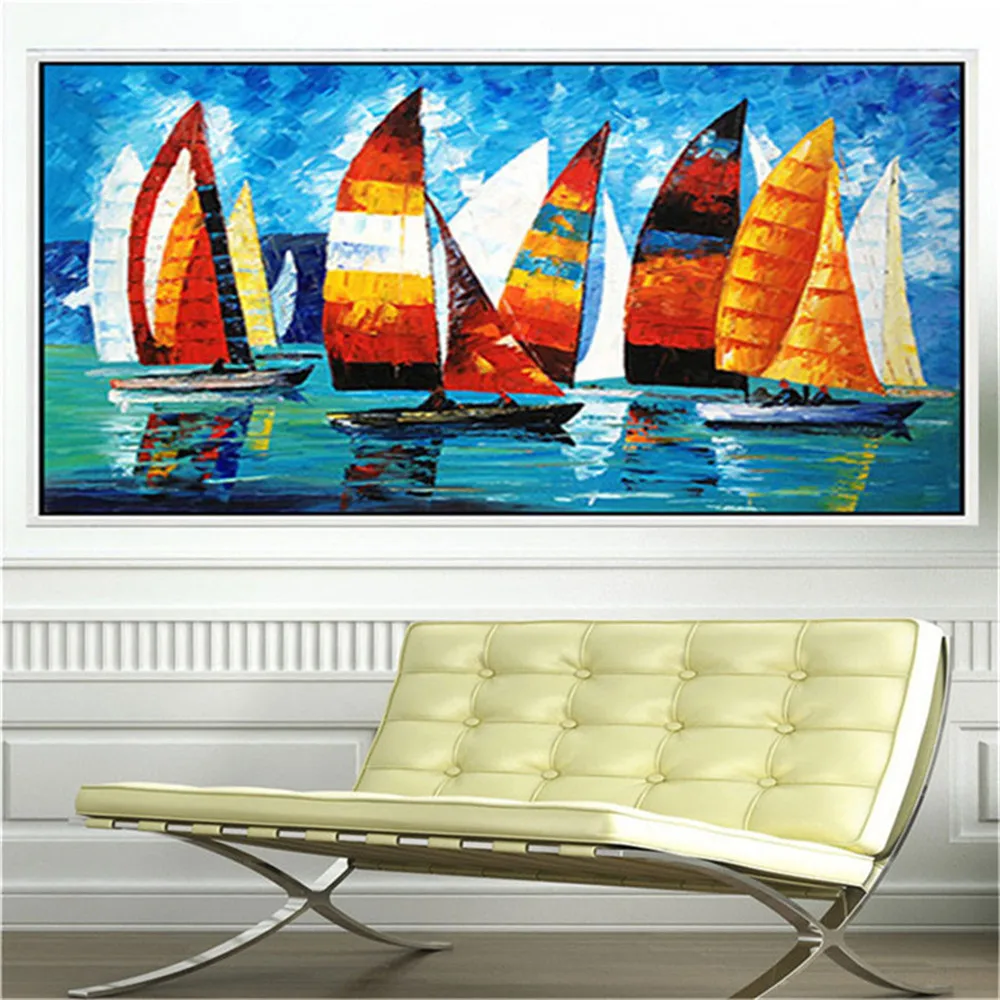 

100% ручная роспись абстрактных цветов лодка фотография морской парусный пейзаж Современный домашний декор Настенная картина уникальный по...