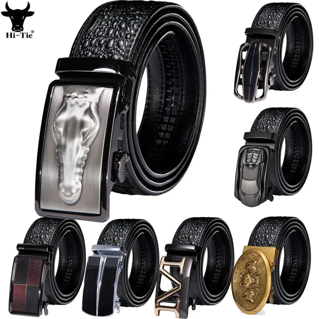 

Hi-Tie Lot Styles Automatic Buckles Mens Belts for Men Belt Crocodile Pattern Leather Emboss Ratchet Waist Straps Leisure Casual
