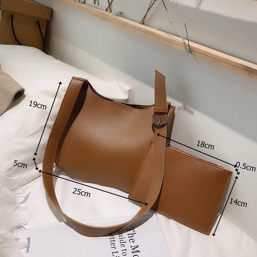 

2pcs/Set Women Fashion Shoulder Crossbody Bag PU Leather Pure Color Clutch Wallet Composite Set