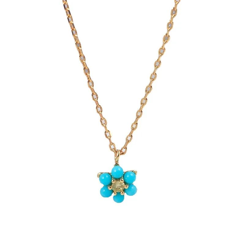 

European and American Myosotis Sylvatica Cross Flower Shape Inlaid Colorful Crystals Necklace for Women