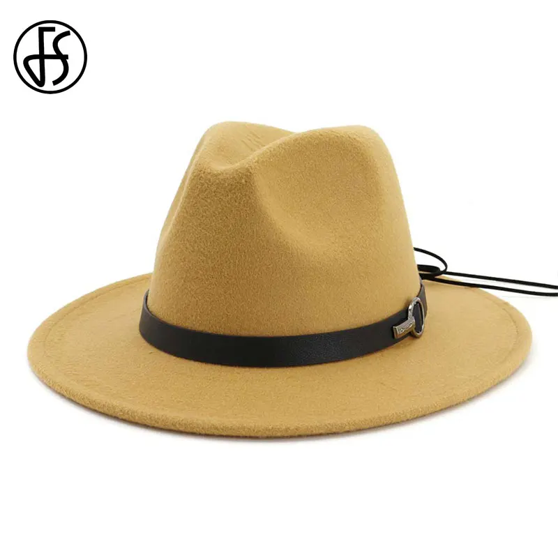 FS желтой шапки для мужчин и женщин с широкими полями шерстяная фетровую Джаз Fedora