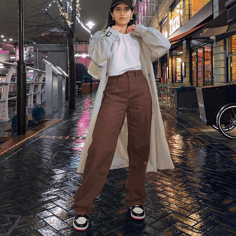 Джинсы Weekeep женские с завышенной талией модные коричневые свободные узкие прямые