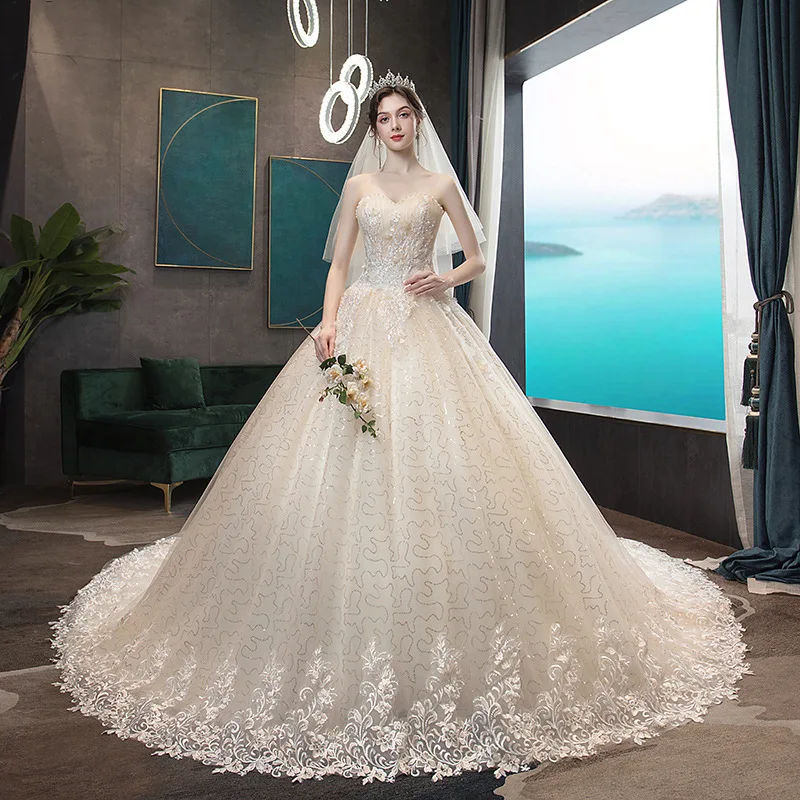 

2021 Elegant Strapless Wedding Dress Champagne Lace Embroidery Wedding Gowns With Train Princess Bride Dress Vestido De Noiva